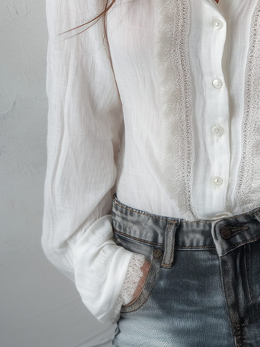 Vintage Lace Trim Long Sleeve Cotton Blouse - Fashionpara