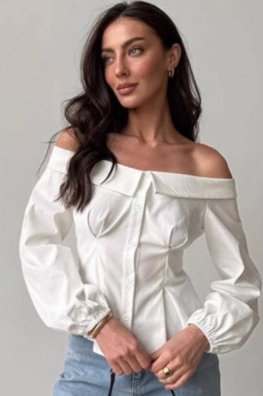 Off Shoulder Ruffled Satin Blouse - Fashionpara