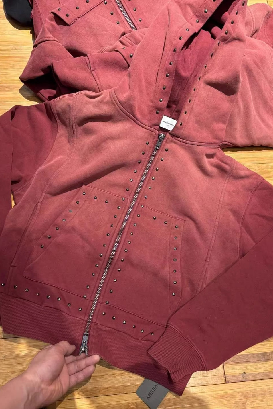 Rhinestone Distressed Zip-Up Hoodie