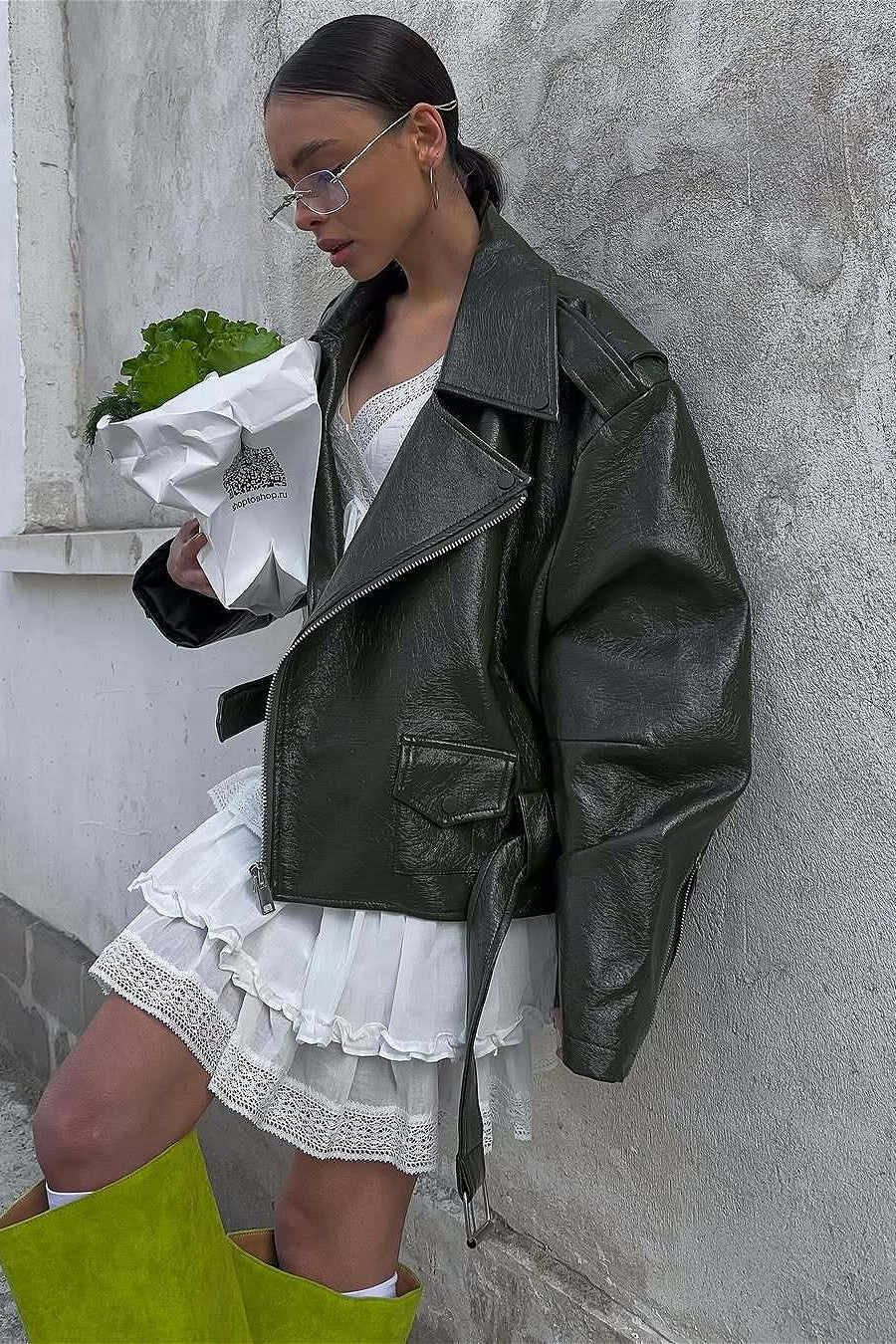 Zip Up Green Leather Moto Jacket 2