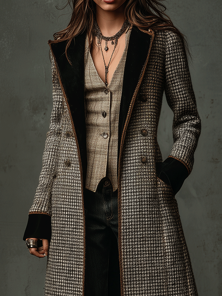 Vintage Plaid Wool-Blend Velvet Lapel Long Coat