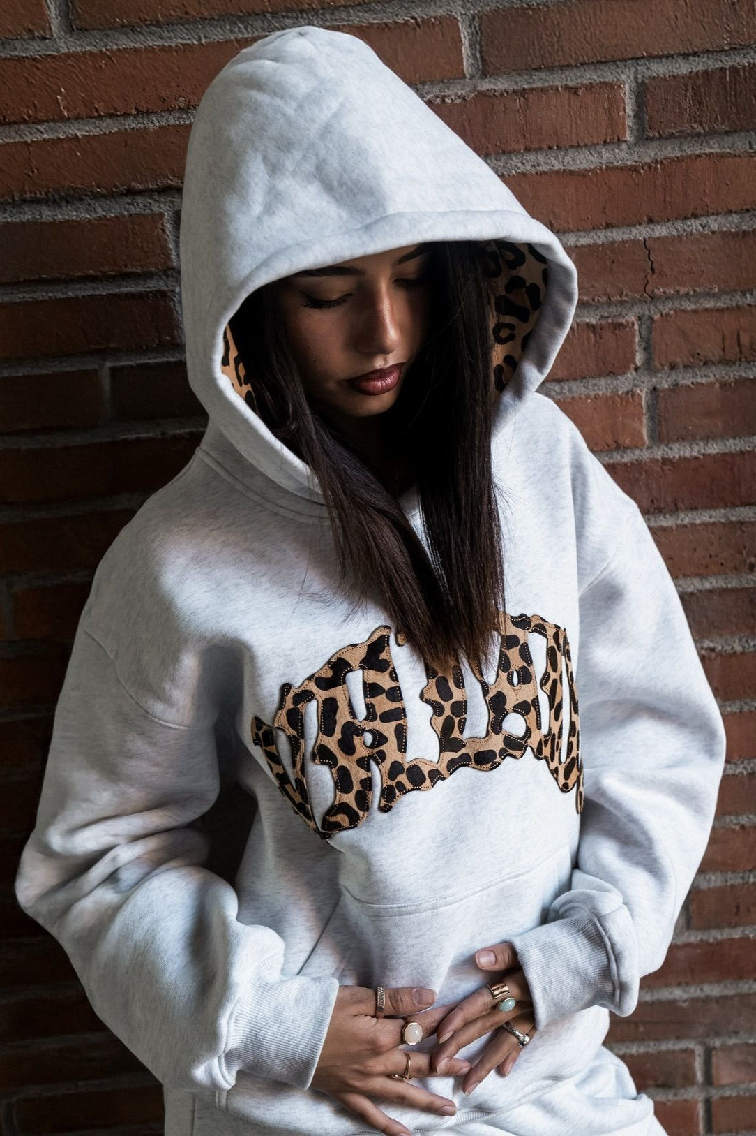 Leopard Lined Embroidered Letter Hoodie