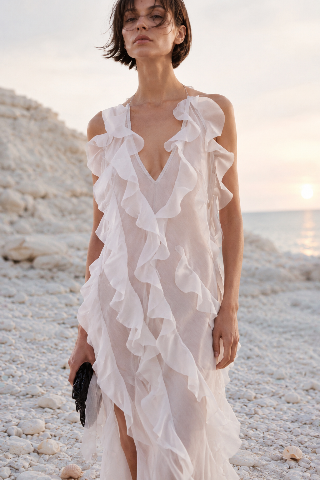 Organza Ruffle Plunge V-Neck High Split Maxi Dress 4