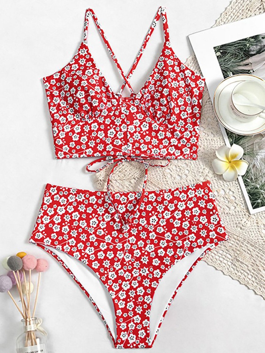 Floral Print Red Two Pieces Swimsuit - Fashionpara