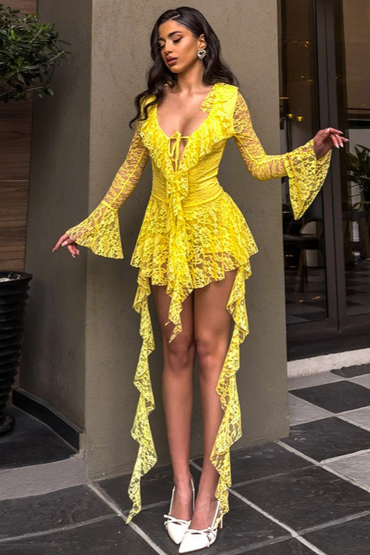 Lace Bell Sleeve Tie Detail Lace Dress