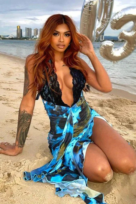 Lace Patchwork Halter Vacation Dress