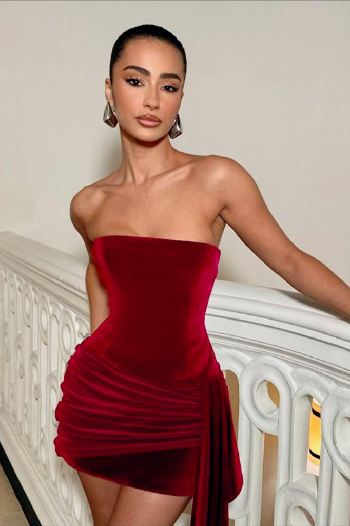 Velvet Strapless Ruched Draped Mini Dress 3