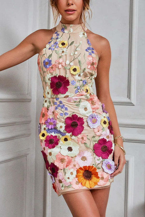 Floral Applique Halter Mini Dress Fashionpara