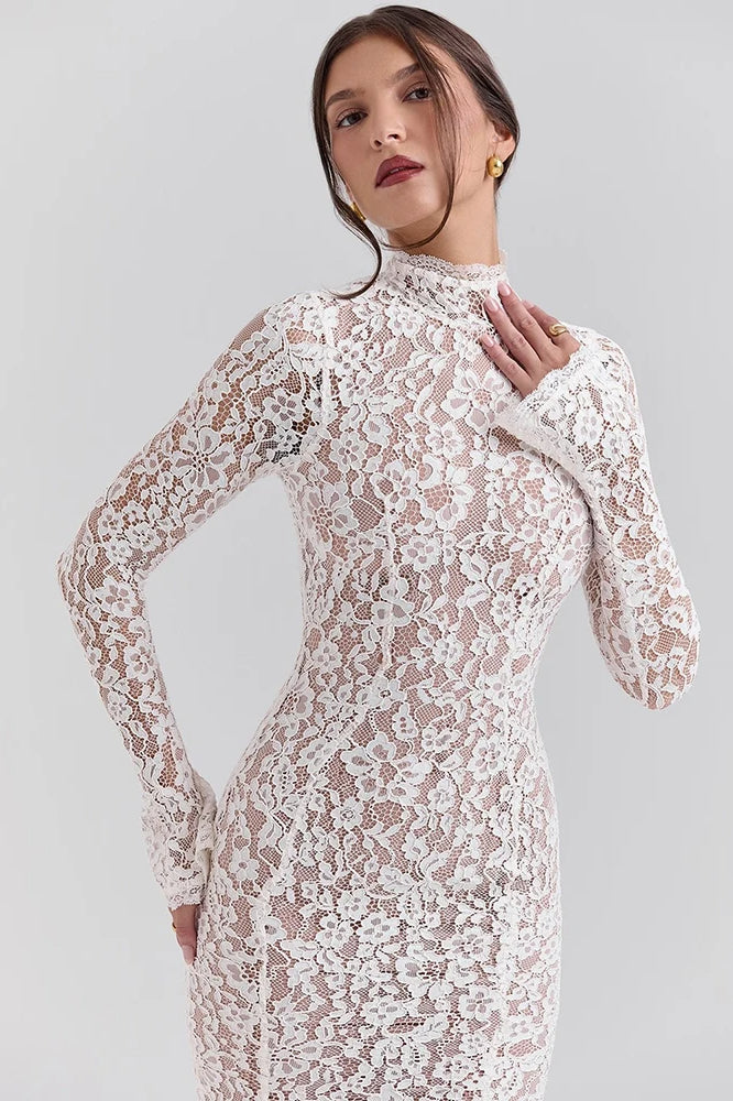 Floral Lace High Neck Long Sleeve Mermaid Midi Dress 7