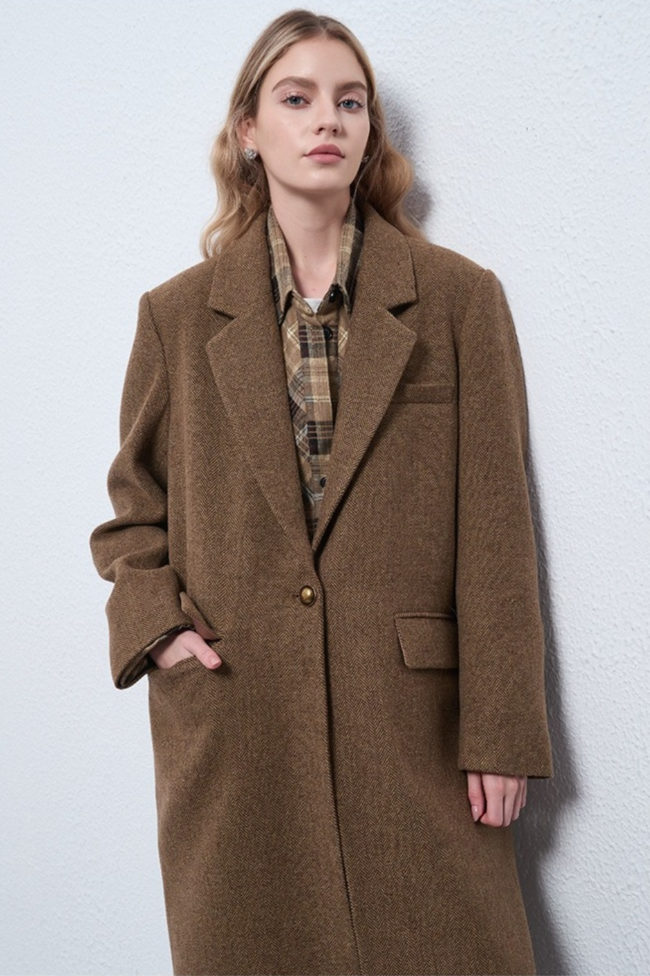 Wool Cashmere Herringbone Mid Long Thick Overcoat - Fashionpara