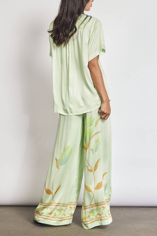 Niah Satin Tulip Print Lapel Short Sleeve Shirt and Elastic Waist Tie Pocket Wide Leg Pants Set - Fashionpara