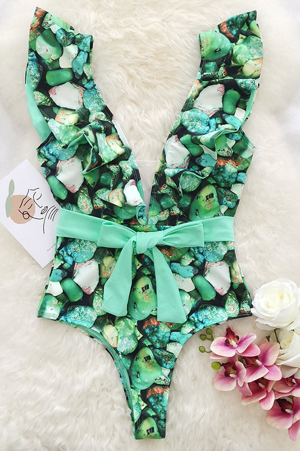 Deep V Print Ruffled One-piece Swimsuit - Fashionpara