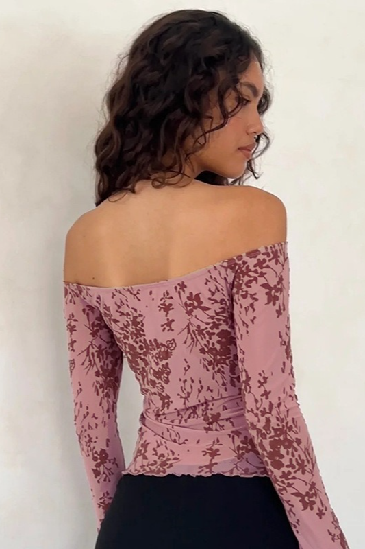 Velvet Mesh Off Shoulder Bow Tie Flare Sleeve Crop Top
