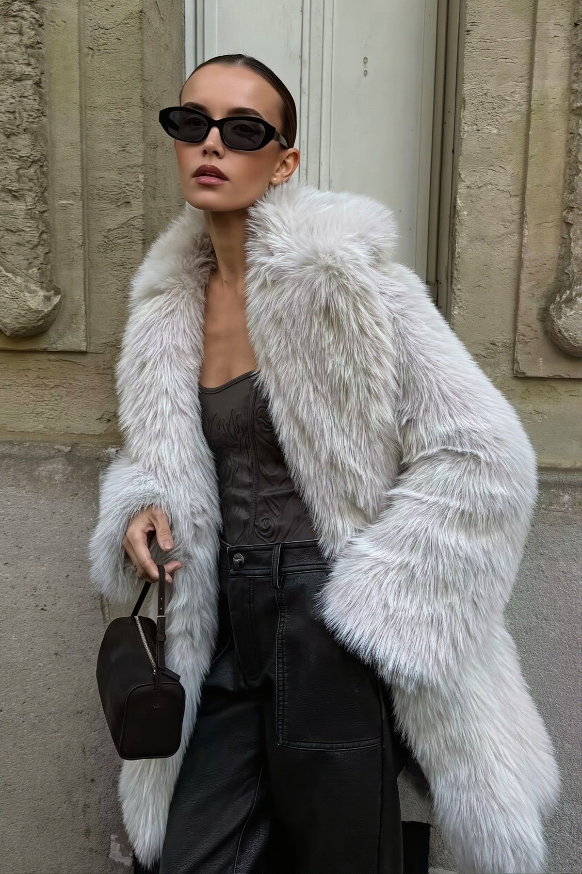 Solid Collar Mid Length Faux Fur Coat 6