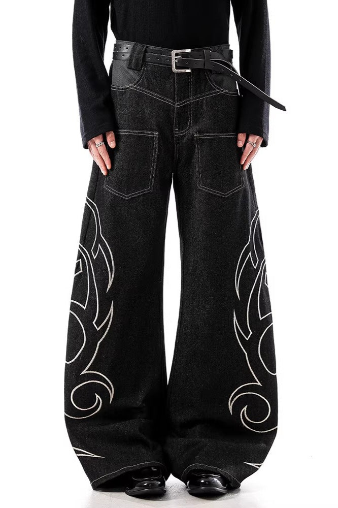 Vintage Embroidered Reverse Pocket Wide Leg Jeans