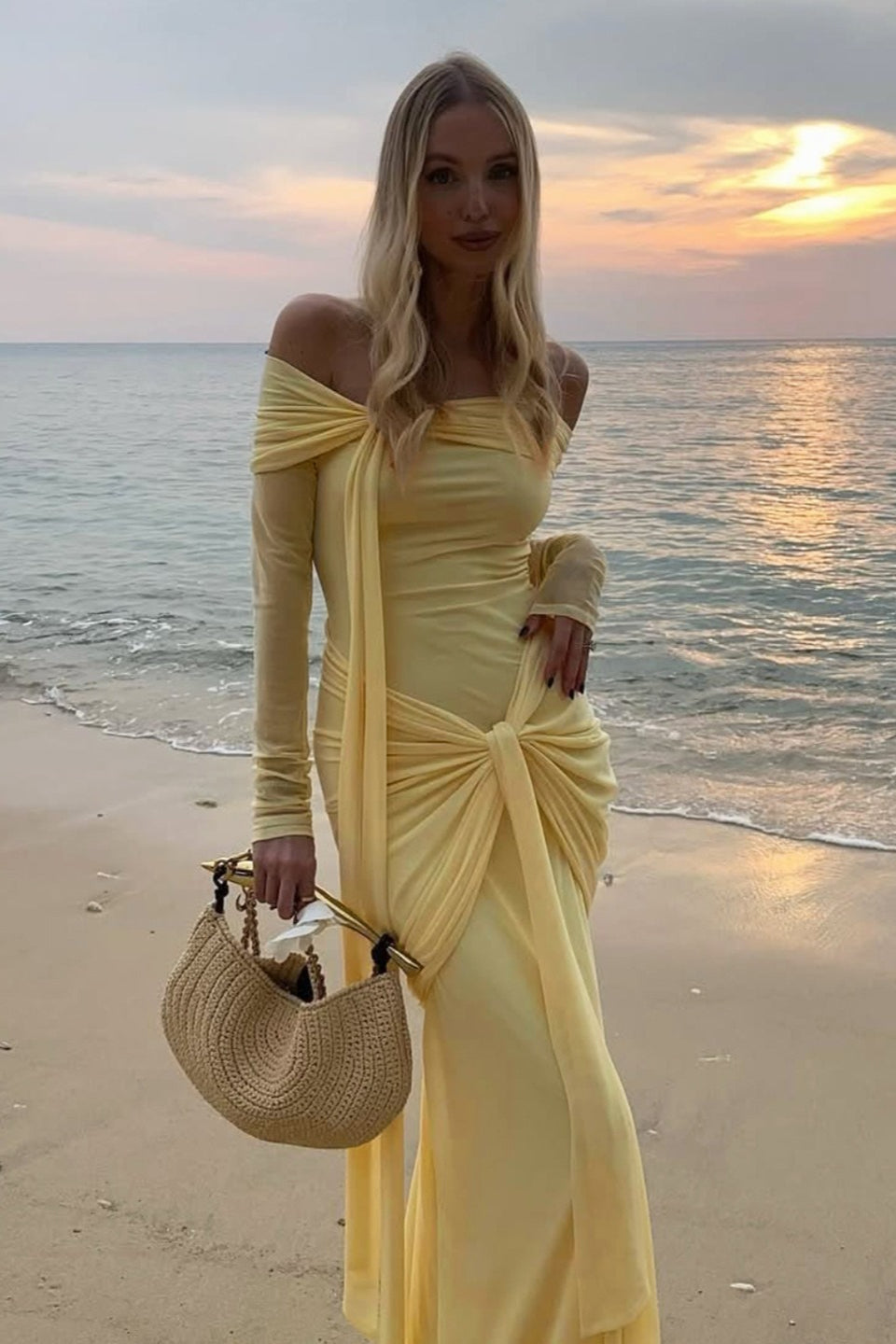 Off Shoulder Long Sleeve Draped Wrap Maxi Gown 6