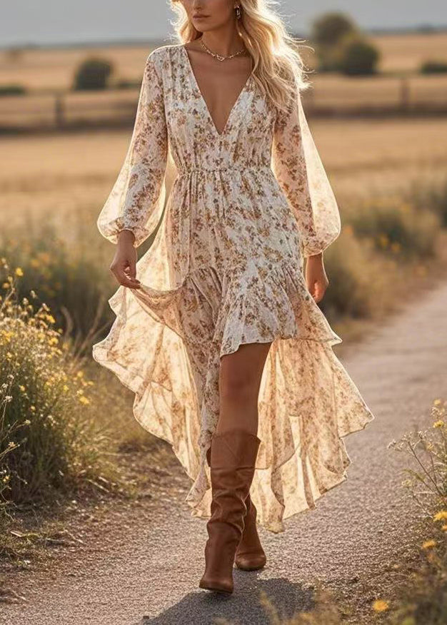 Floral Deep V-Neck Balloon Sleeve High Low Ruffle Tier Midi Dress - View 2