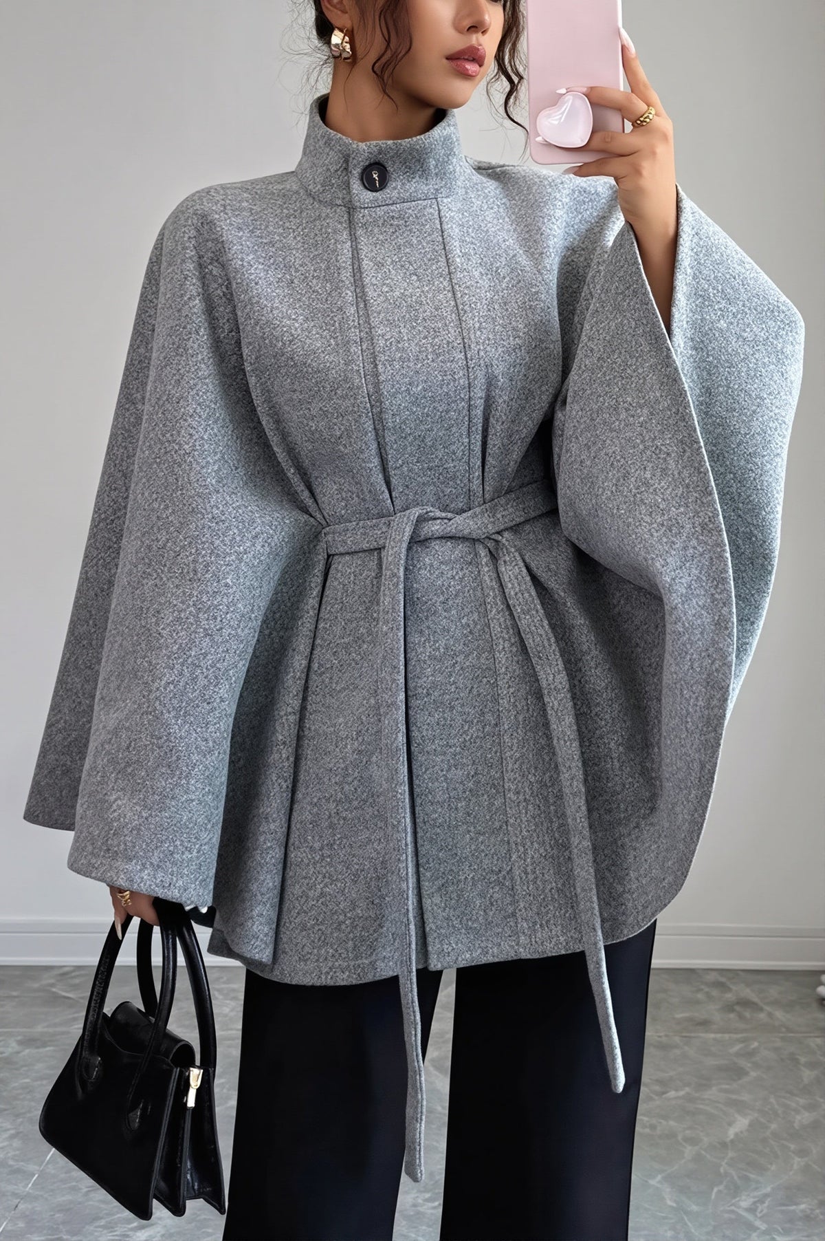 Belted Cape Sleeve Wool Look Jacket