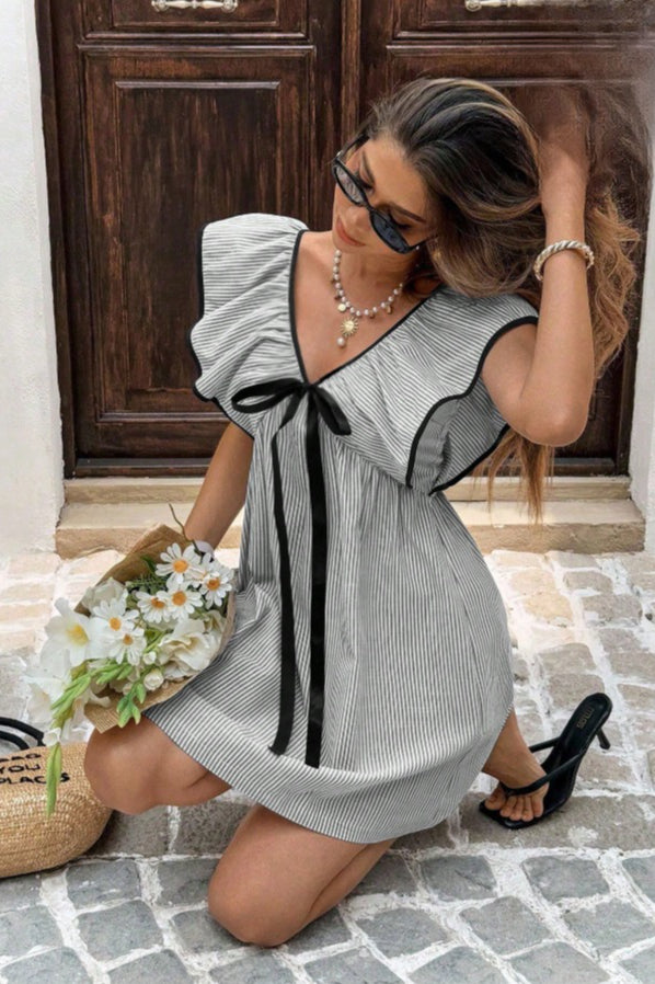 Striped V-Neck Ruffle Bow Babydoll Mini Dress 15