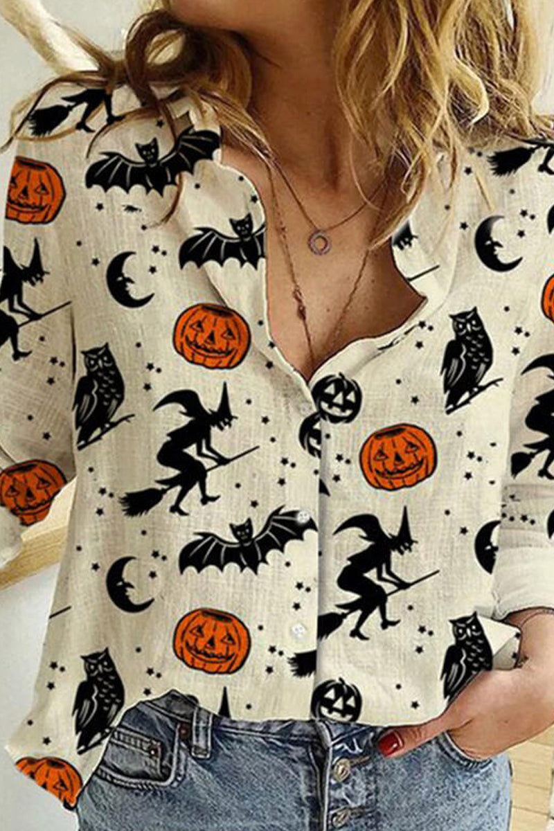 Print Lapel Long Sleeves Button Up Casual Halloween Shirt Blouses  Fashionpara