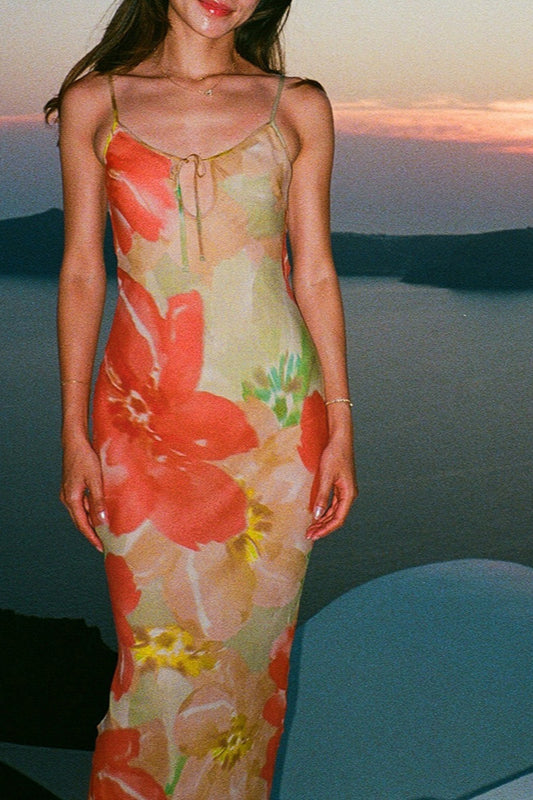 Floral Print Scoop Neck Tie Front Slip Maxi Dress 2
