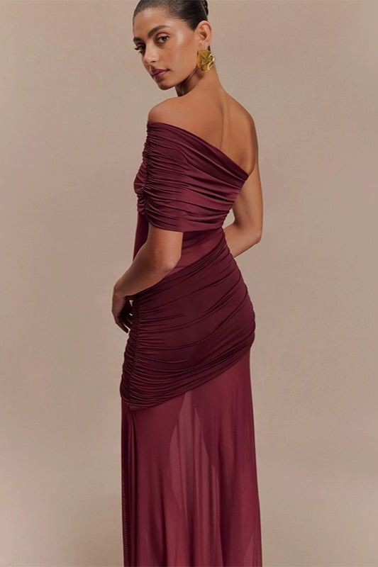 One Shoulder Ruched Sheer Mesh Maxi Gown 11