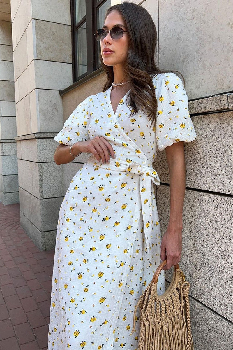 Floral Wrap V Neck Puff Sleeve Midi Dress