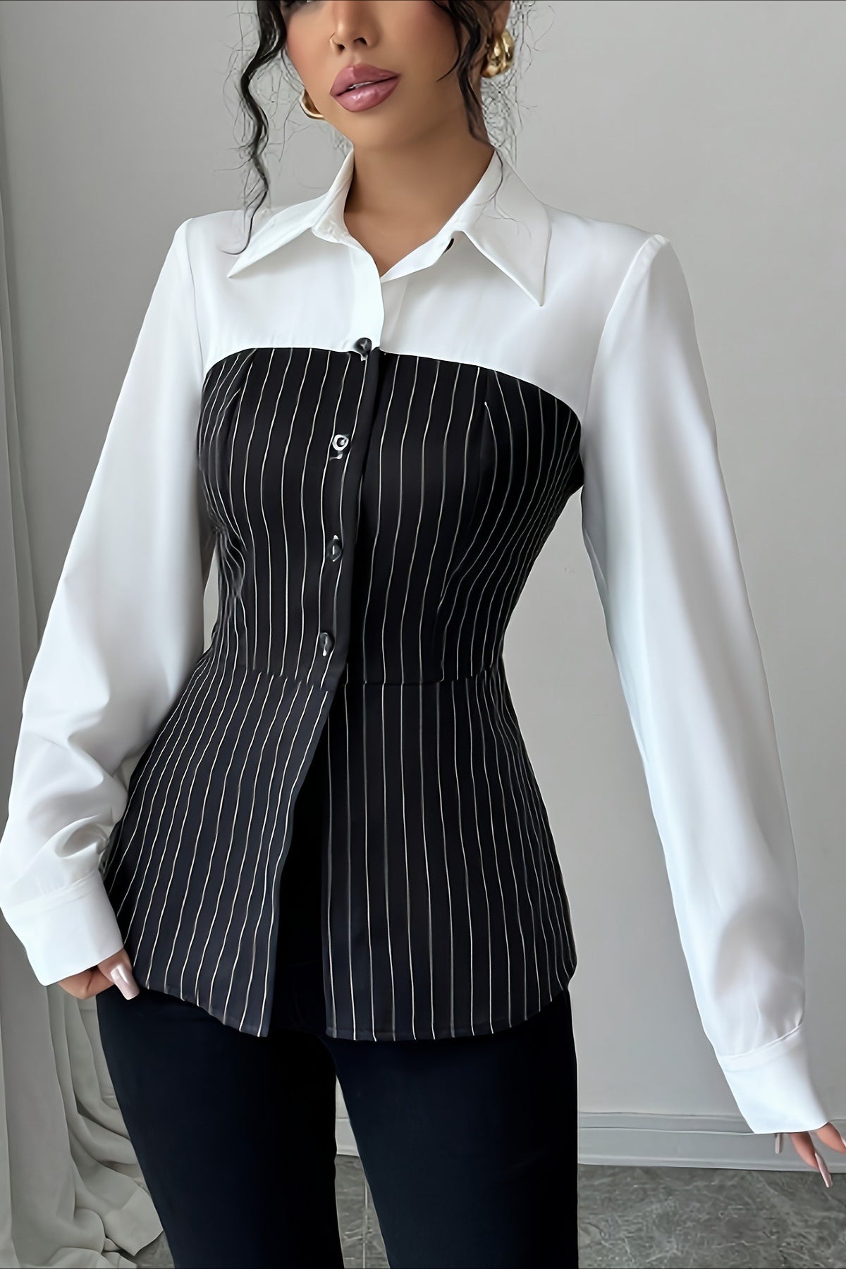 Striped Patchwork Button Blouse