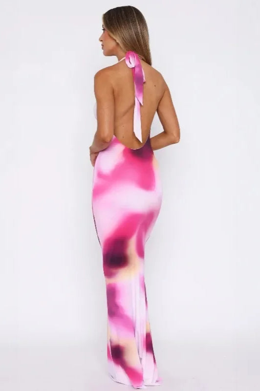 Floral Print Halter Neck Cowl Backless Bodycon Maxi Dress