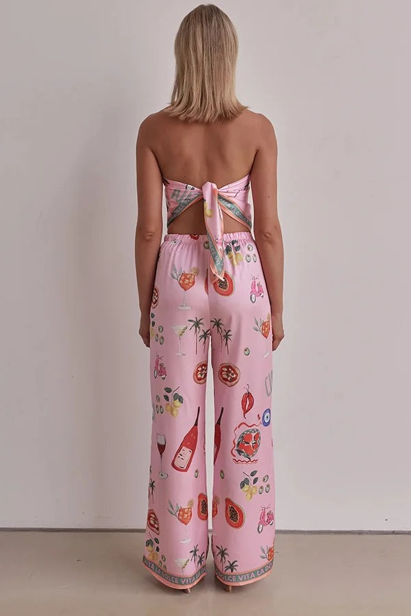 Linen Blend Unique Printed Bandeau Top and Elastic Waist Pocket Pants Set - Fashionpara