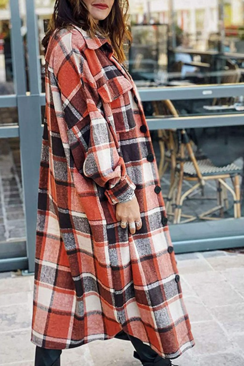 Lapel Plaid Slit Long Woolen Coat
