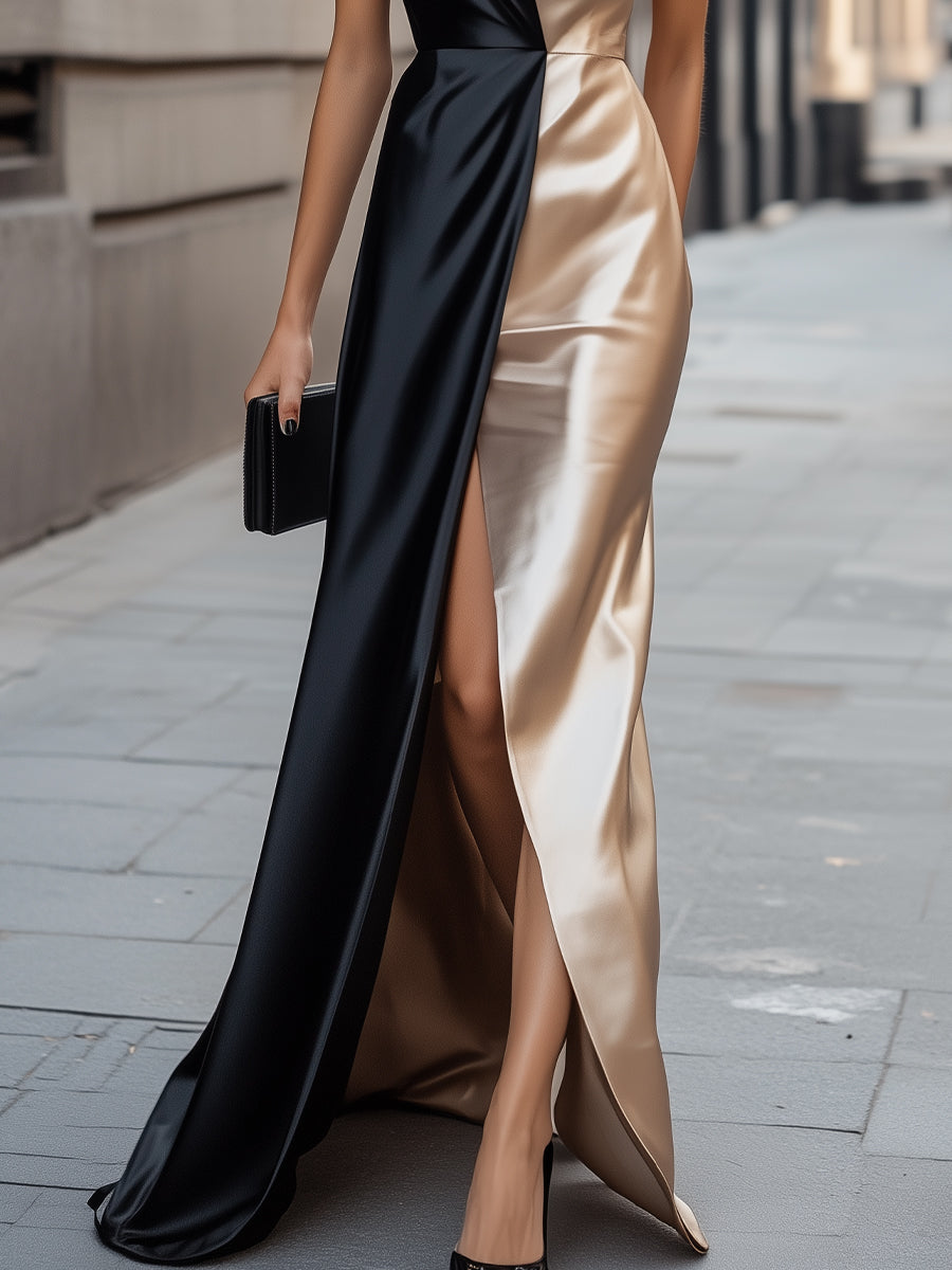 Chic Two-Tone Satin Evening Dress With Side Slit