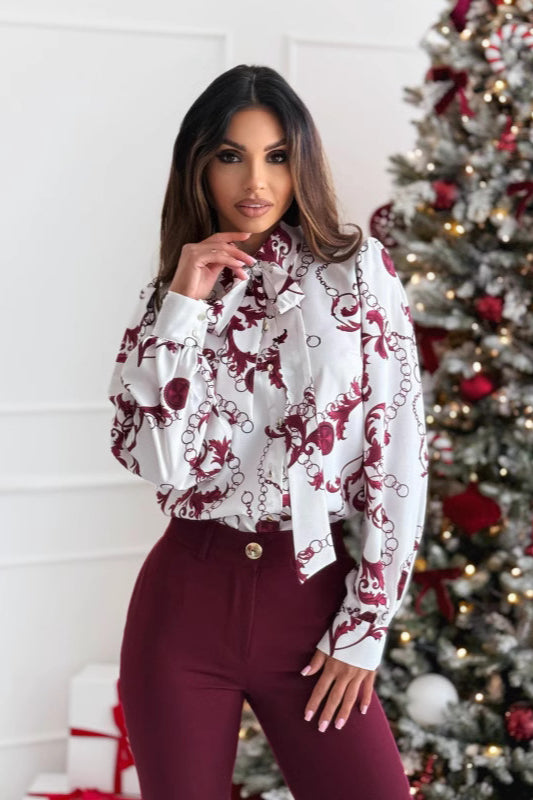 Printed Bow Tie Long Sleeve Blouse