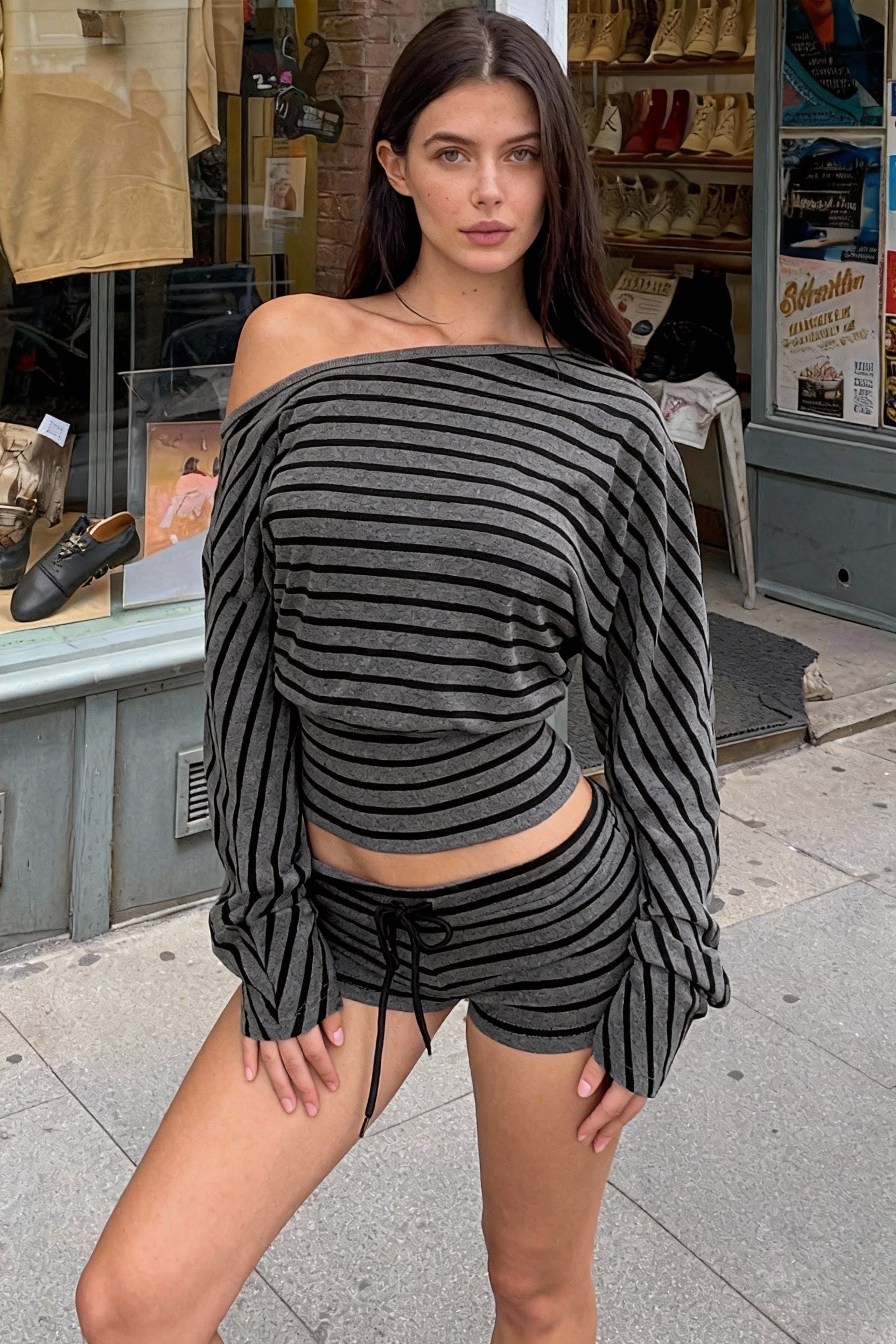 Printed Striped Loose Asymmetric Shoulder Blouse