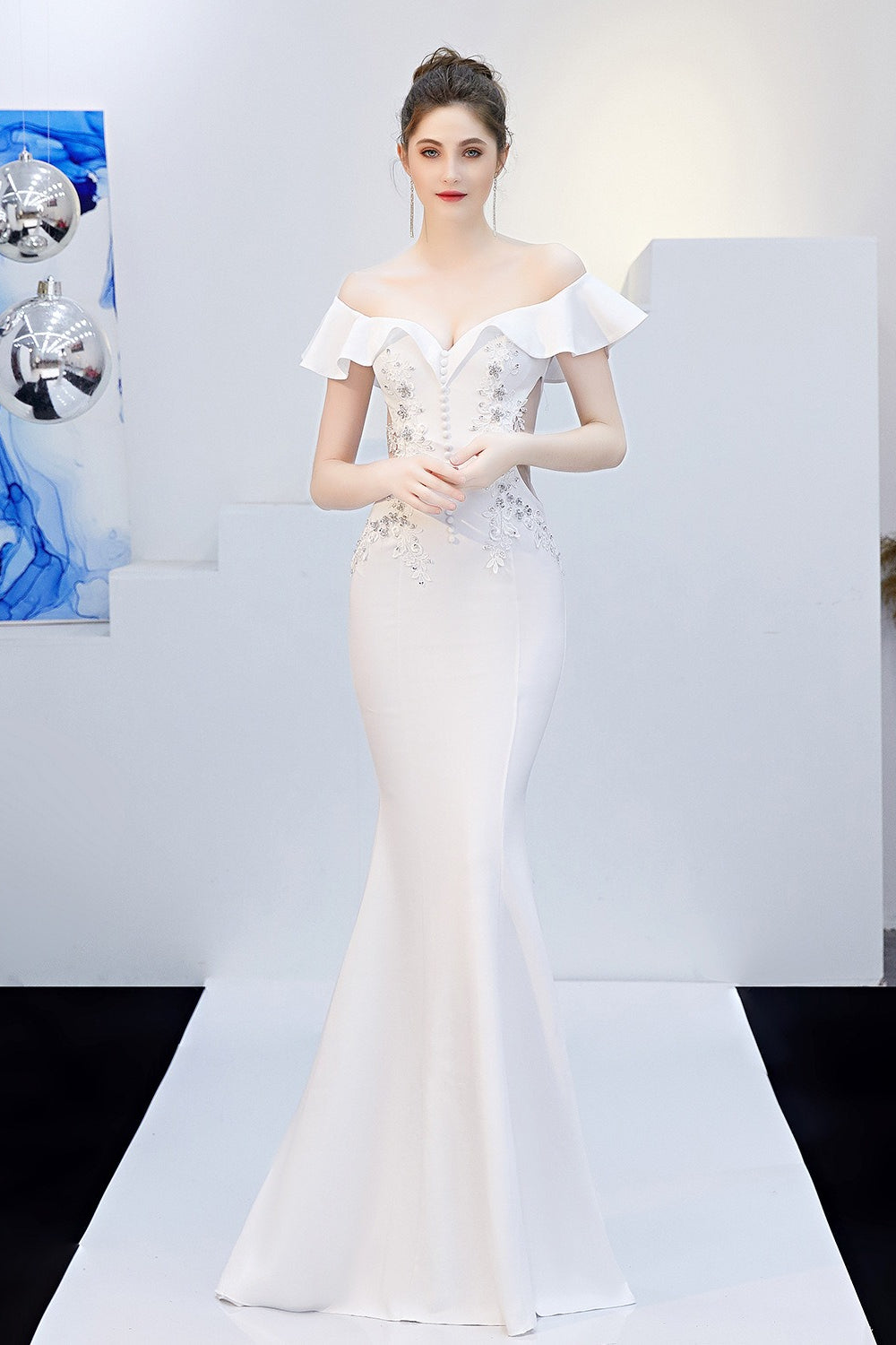 Off Shoulder Ruffle Beaded Mermaid Formal Gown