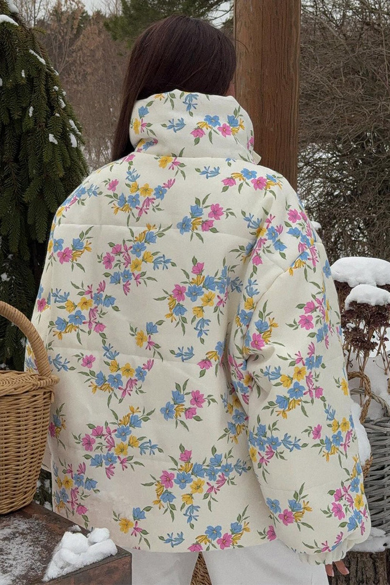 Printed Stand Collar Cotton Coat - Fashionpara