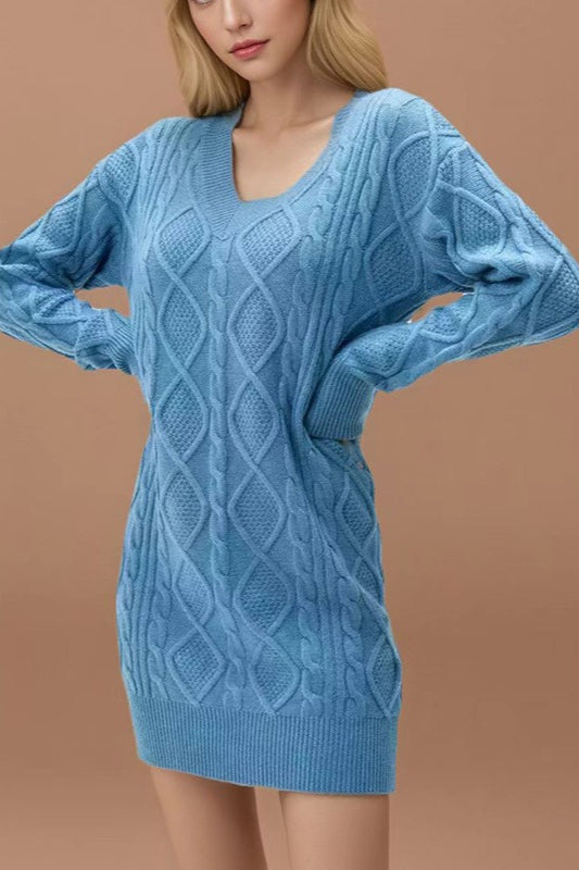PrincessAce V-Neck Cable-Knit Sweater Mini Dress in Solid Color