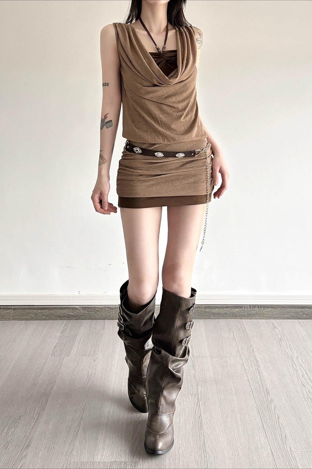 V-Neck Sleeveless Bodycon Mini Dress in Brown - View 3