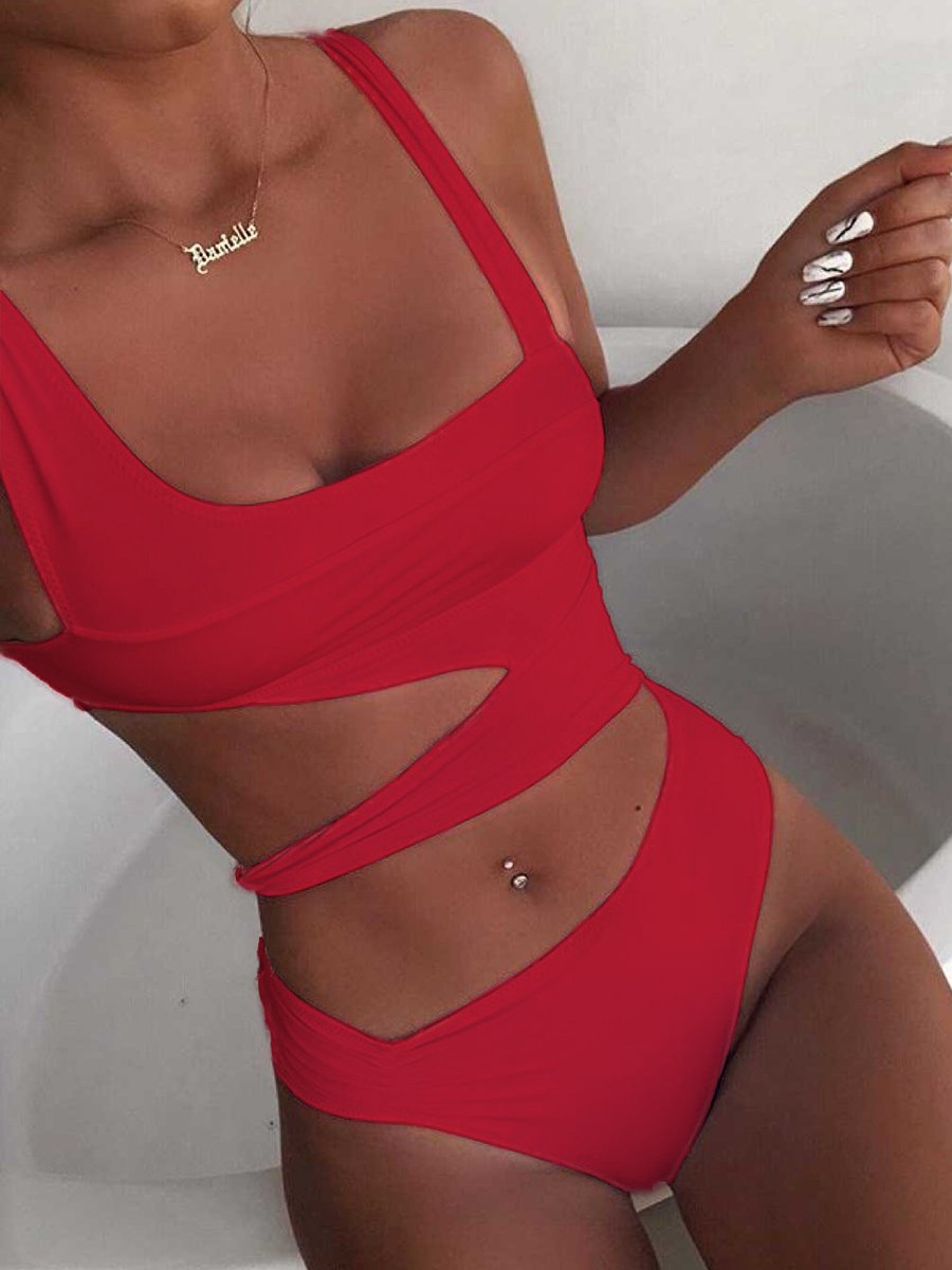 Solid Cut Out One-piece Swimsuit - Fashionpara