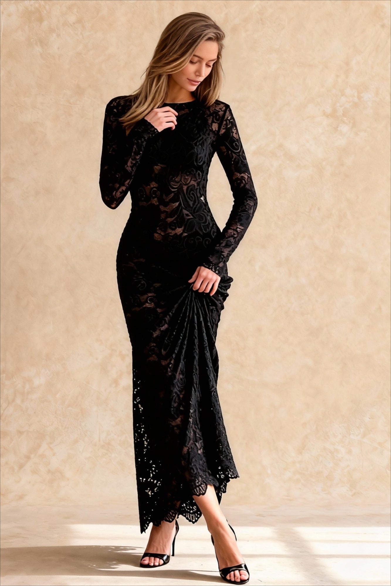Jacquard Sheer Lace Long Sleeve Mermaid Maxi Dress