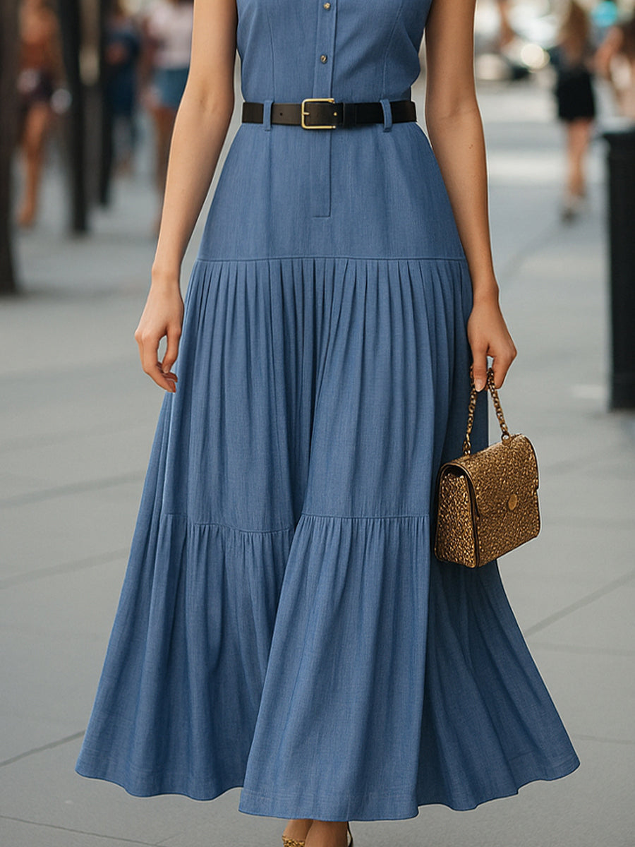 Chic Sleeveless Collared Tiered Maxi Dress In Imitation Denim