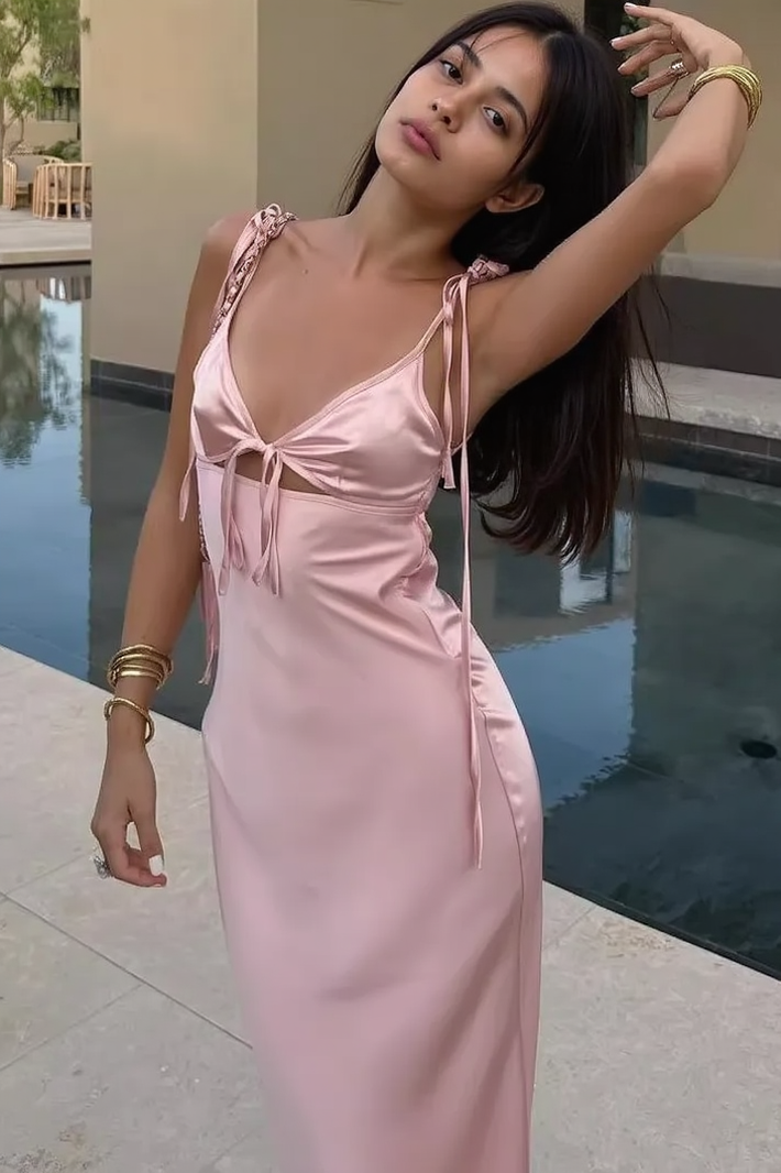 Satin V-Neck Tie Shoulder Cut Out Slip Maxi Dress 3