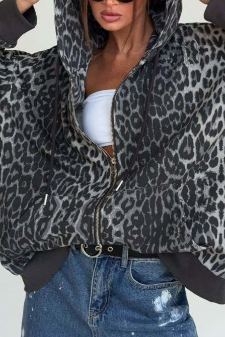 Leopard Zip-Up Loose Hoodie
