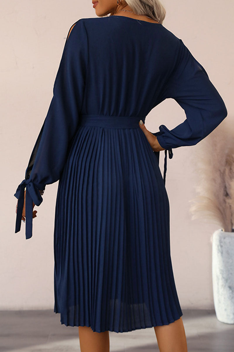 Chiffon Lace Insert V-Neck Cold Shoulder Tie Cuff Midi Dress - View 3