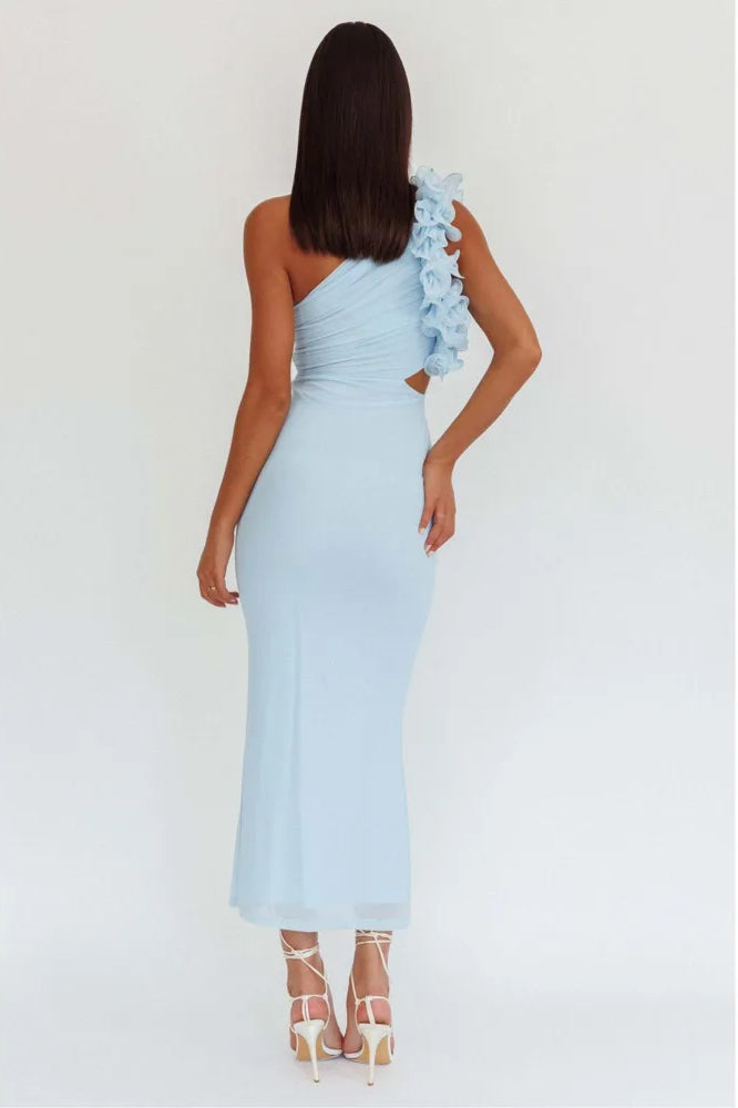 One Shoulder Floral Trim Ruched Bodycon Midi Dress