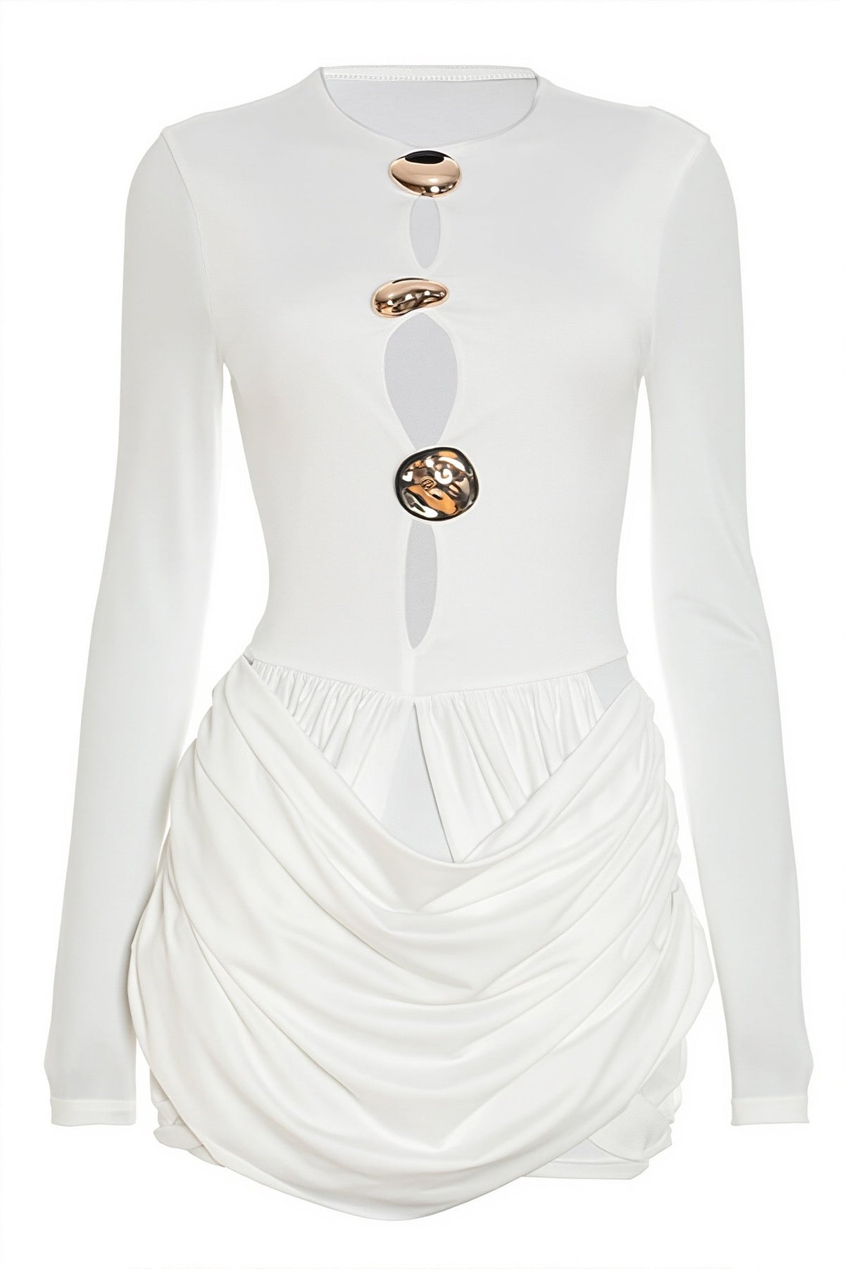 Long Sleeve Cut Out Gold Hardware Draped Mini Dress
