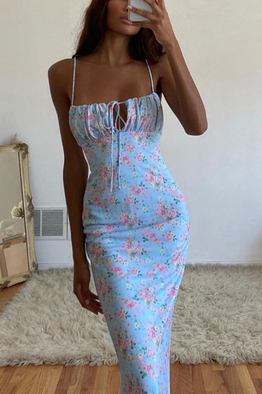 Floral Print Tie-Front Ruched Bodycon Maxi Dress