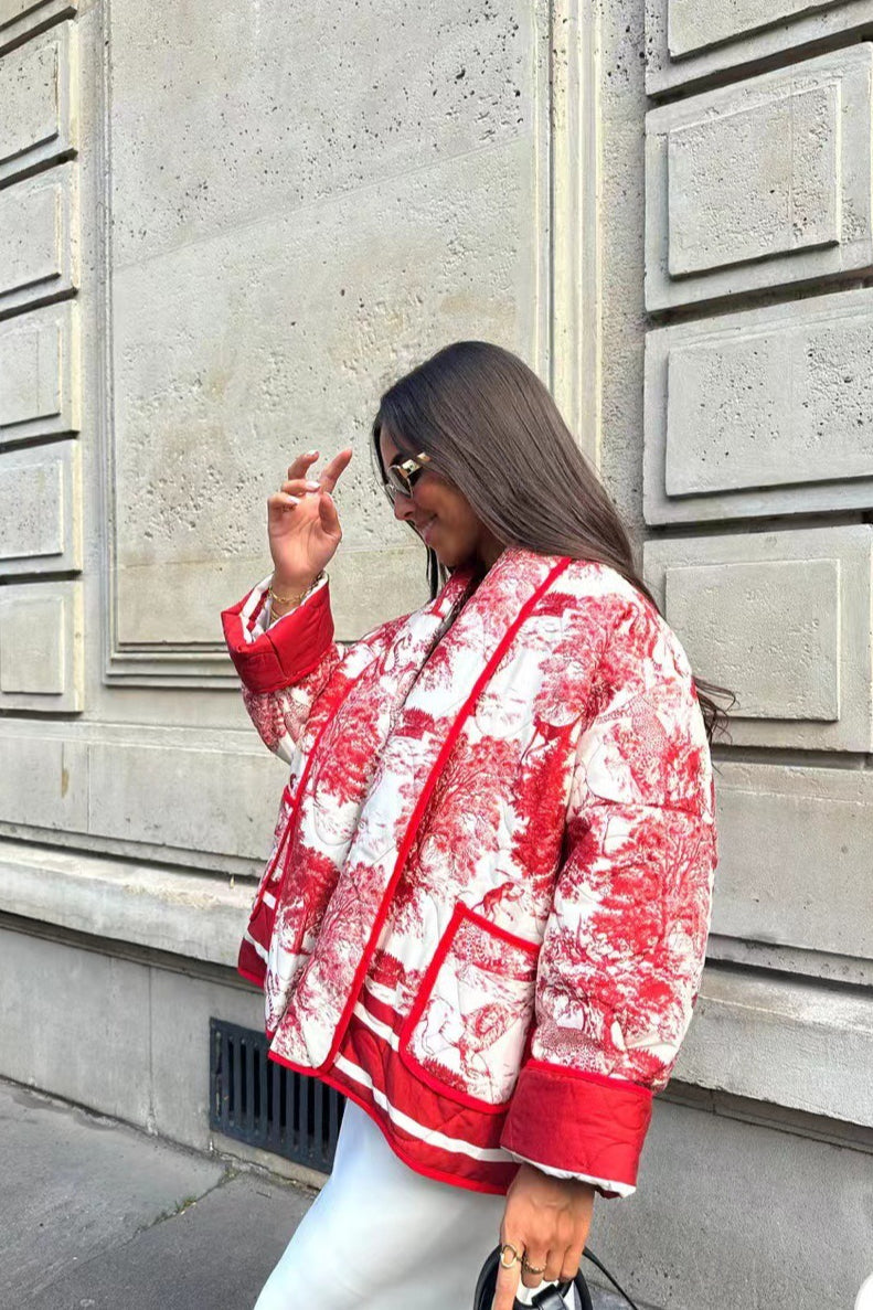 Printed Padded Pocket Coat - Fashionpara