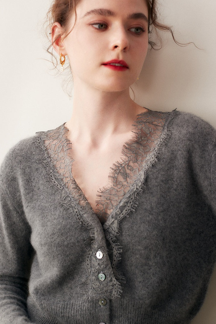Luxe Cashmere V-Neck Cardigan with Elegant Lace Trim