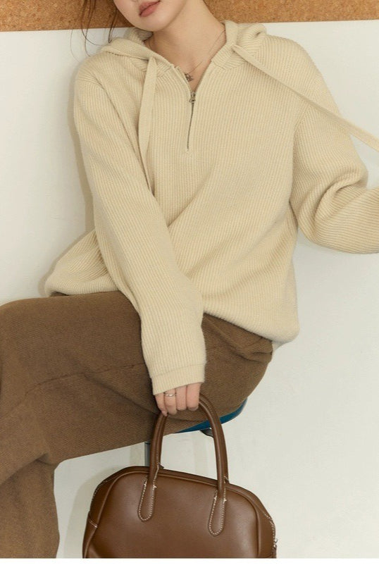 Drawstring Hooded Knit Sweater